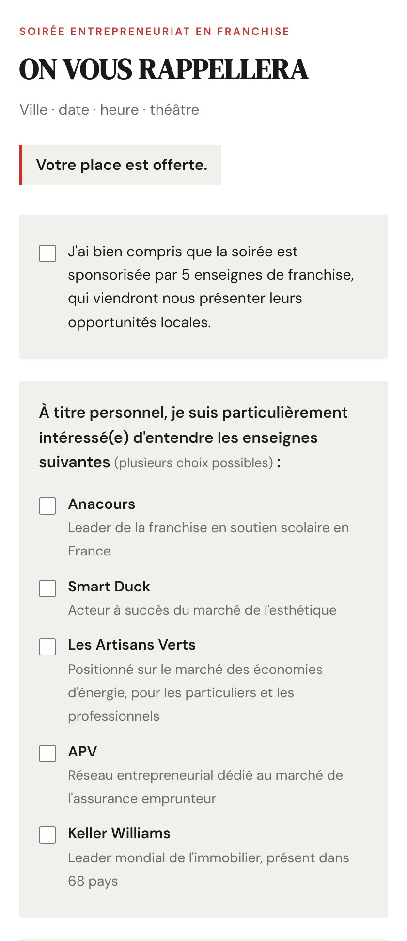 Extrait du formulaire d'inscription des entrepreneurs invités