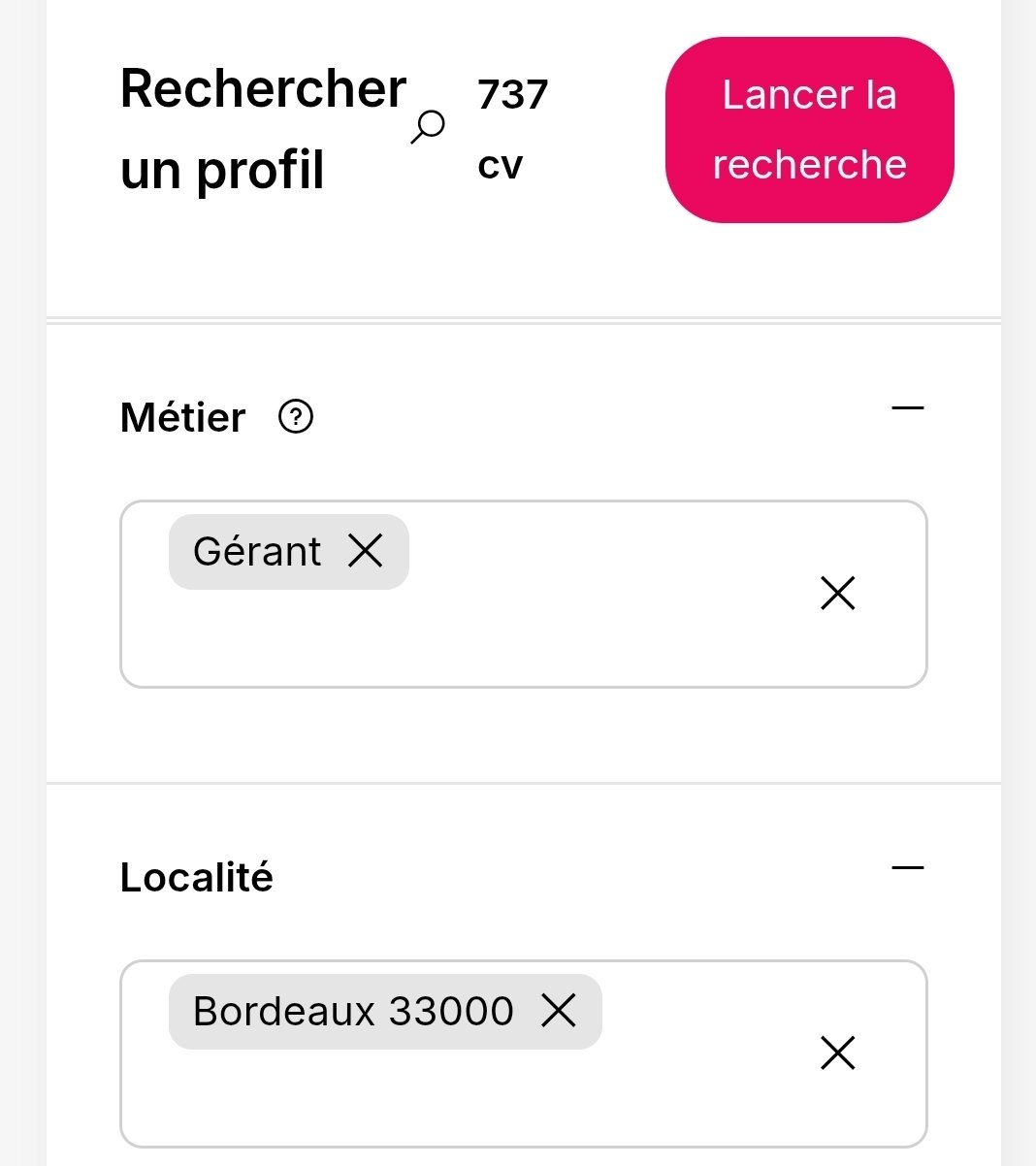 Recherche de gérants autour d'une ville sur une CVthèque